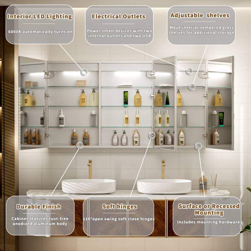 Modland 48-60" Extra Wide LED Medicine Cabinet - Dimmable Tri-Color Lighting,Defogger & GFCI Outlet