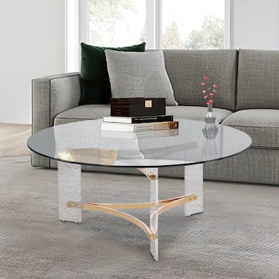 Hale 41 Inch Round Coffee Table, Glass Top, Acrylic Legs, Clear, Gold