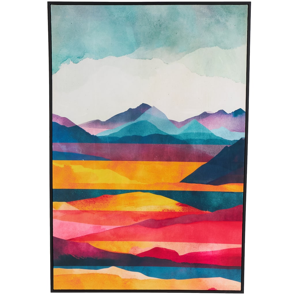 Canvas Abstract Mountains and Lake View Living Room Framed Wall Art with Black Frame - Multi Colored - Roche River Decor