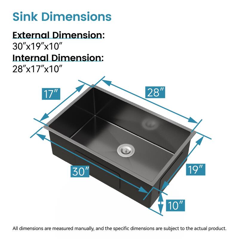 Stainless Steel Kitchen Sink, 30″x19″ Single Bowl, Undermount HandmadeSink in Black, with US Standard Drain and Hook
