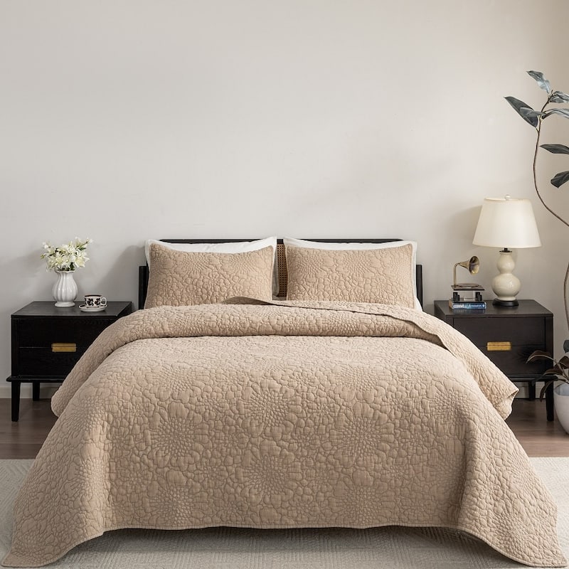 Wholinens Stonewashed Cotton Floral Bedspread Reversible Quilt Set - King - Khaki