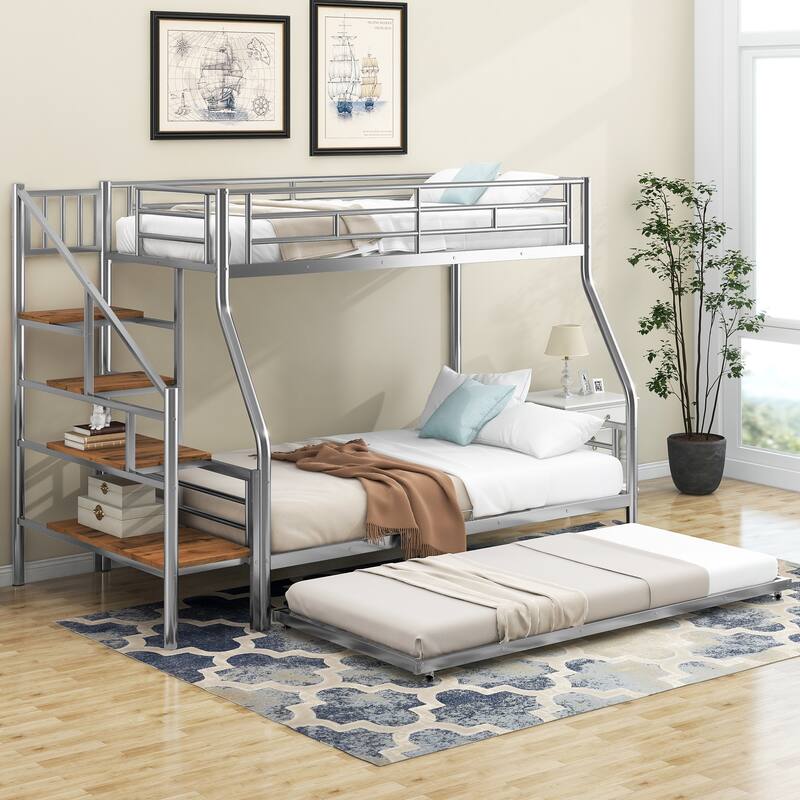 Twin Over Full Bunk Bed with Trundle, Storage Staircase, Safety Guardrails