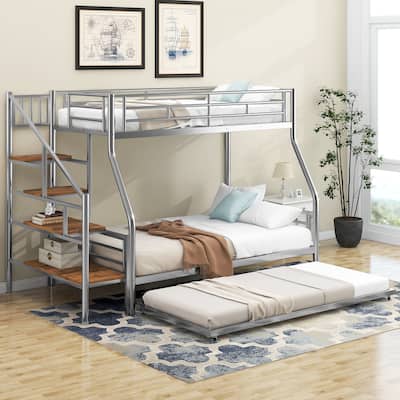 Twin over Full Size Metal Bed Frame with Storage Staircase and Full-Length Guardrail, Bunk Bed with Pull-out Trundle Bed