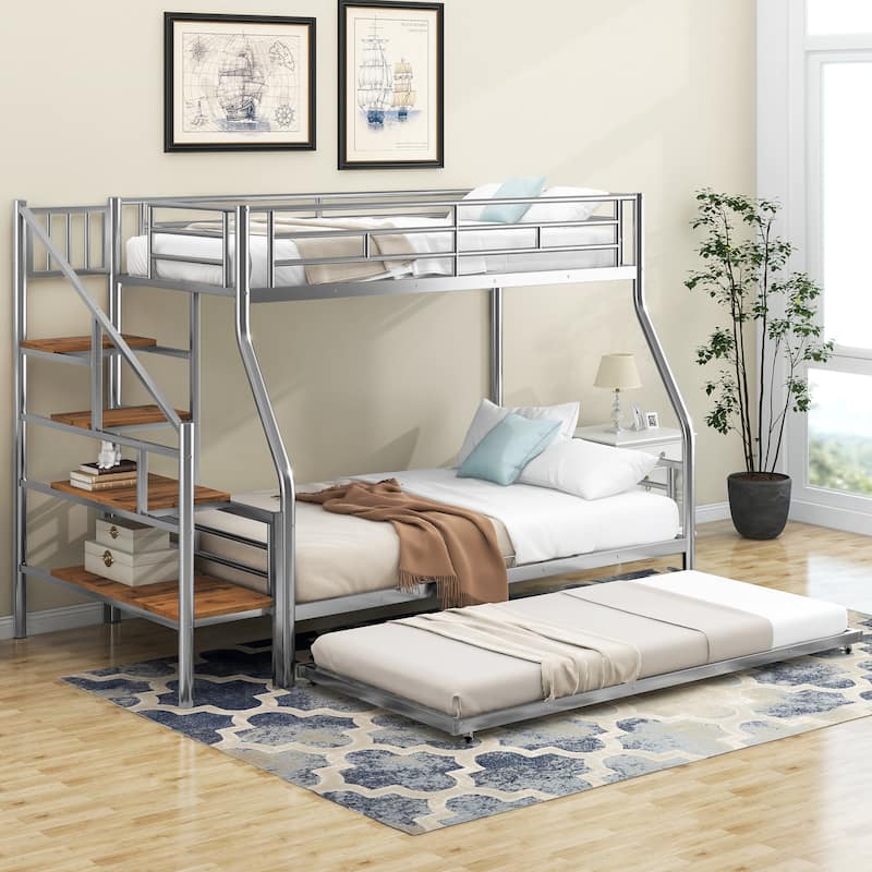 Staircase Bunk Bed Twin Over Full Twin over Full Size Metal Bunk Bed with Trundle and Storage Staircase
