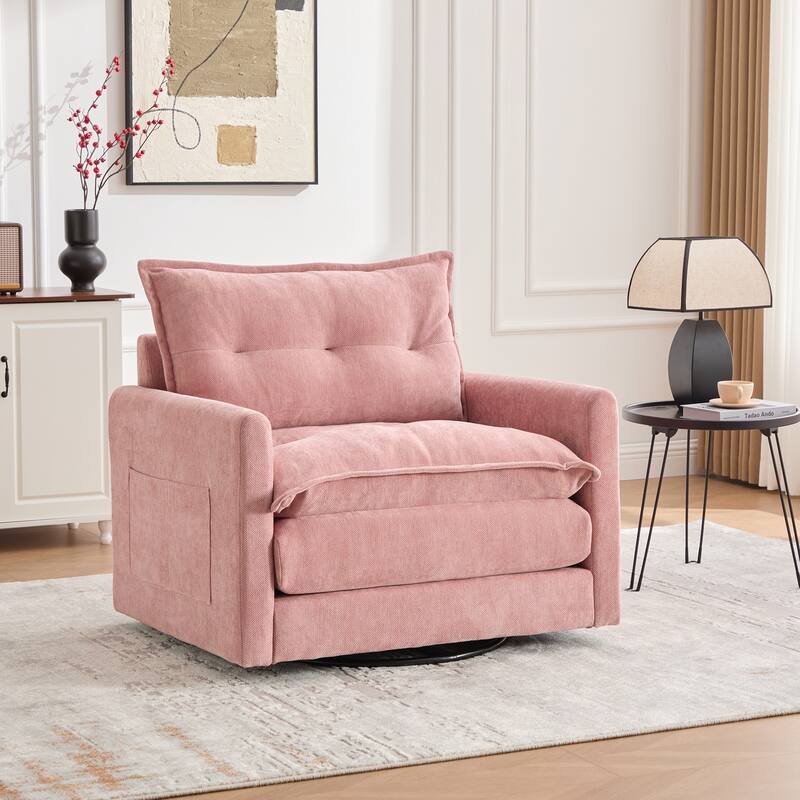 Swivel Barrel Chair - Mid Century Modern Chair, Thick Padded Arm Chair with Solid Metal Base, Comfortable Single Sofa Chair