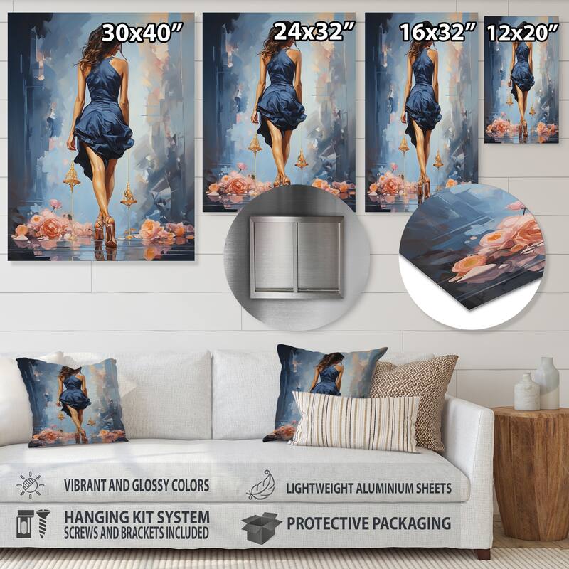 Designart "Blue And Pink Glamorous Gait Painting Of Woman'S Heels I" Fashion Woman Blue Metal Art Modern Metal Art Work