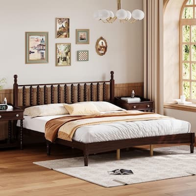 King Size Wood Platform Bed with Gourd Shaped Headboard, Slat Support