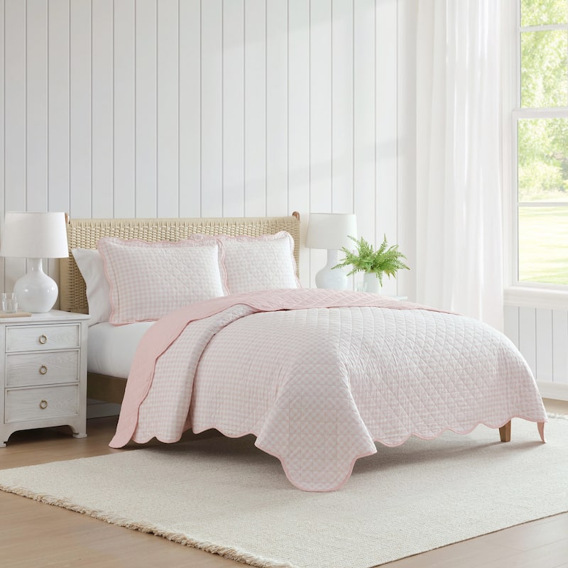 Martha Stewart Olivia Gingham Cotton Reversible Quilt Set - Pink - Full - Queen