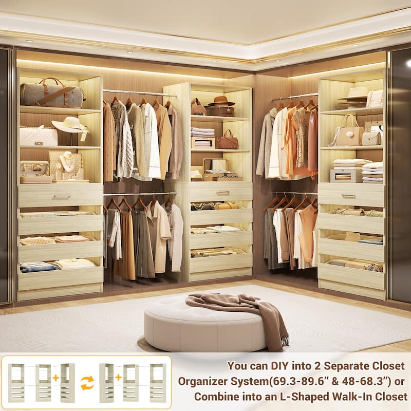 140'' Walk-in Closet Organizer System with 12 Drawers ＆ 4 Hanging Rods, 8.5-11.5FT Wooden Wardrobe Clothes Rack with 3 Towers