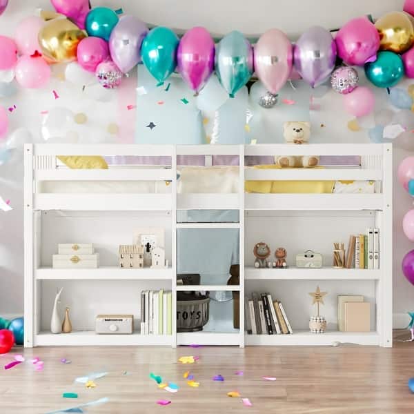 slide 2 of 13, Twin Low Loft Bed with Shelves and LED Light, White White