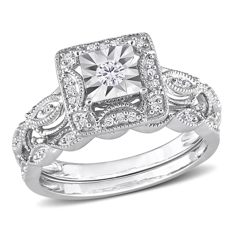 Miadora 1/5ct TDW Diamond Cushion Halo Bridal Ring Set in Sterling Silver