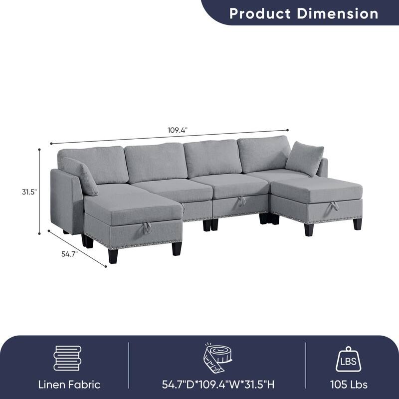 Mixoy Rivet Design Flexible Combination Reversible 4-Seater Modular Sofa with Storage Ottomans,Linen Convertible Sleeper Sofa
