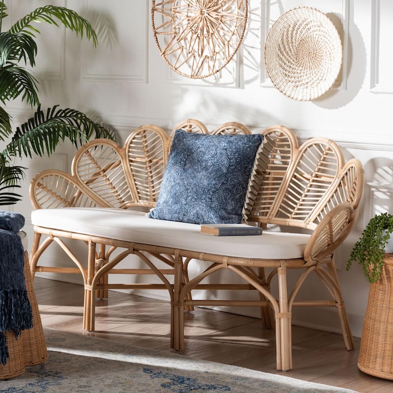Eliava Natural Rattan Accent Bench with Cushion - Coastal Boho Loveseat with Scalloped Fan Back for Living Room or Sunroom