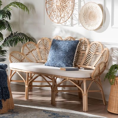 Eliava Natural Rattan Accent Bench with Cushion - Coastal Boho Loveseat with Scalloped Fan Back for Living Room or Sunroom