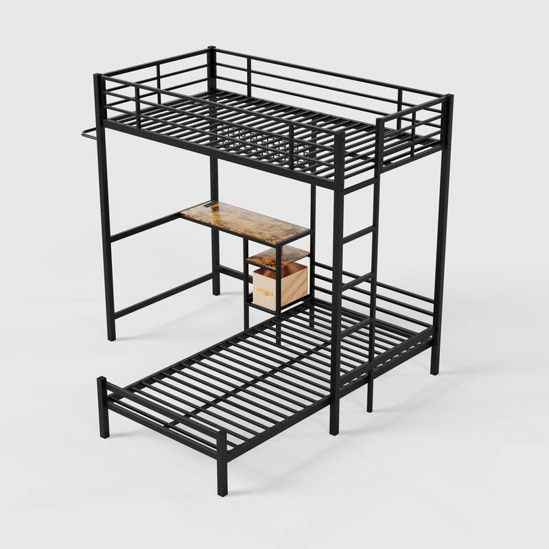 Bunk Bed, Twin Over Twin with L-Shaped Desk, Storage Shelves & Drawers, Safety Guardrail & Ladder, Ambient Lighting