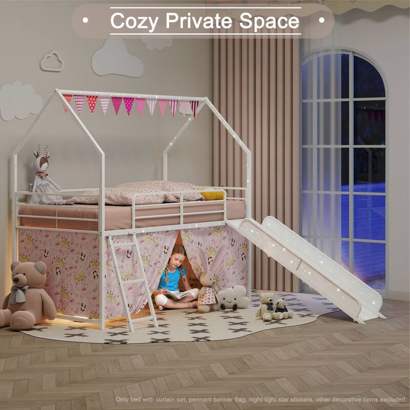 Metal Junior House Twin Loft Bed with Slide and Curtain Set and Pennant Banner Flag and Star Stickers