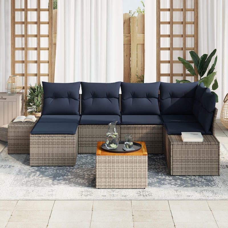 vidaXL 7 Garden Sofa Set with Cushions Black/Grey Poly Rattan - 103.9 x 60.6 x 27.2