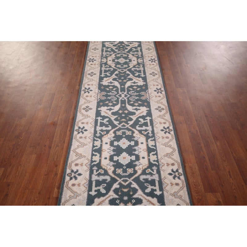 Green Oushak Indian Runner Rug Hand-Knotted Wool Carpet - 2'5"x 11'7"