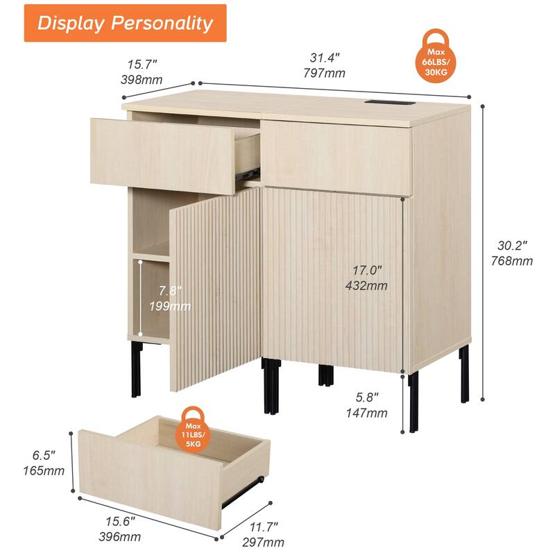 Modern Minimalist Nightstand Set Of 2 With Built-In Outlets, Reed Pattern Design
