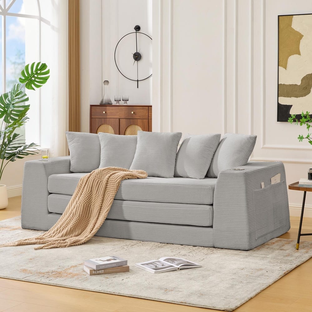 2-in-1 Convertible Corduroy Sofa Bed Folding Sleeper Loveseat Couch Full Floor Bed with Pillows, Storage Pockets and Cup Holders