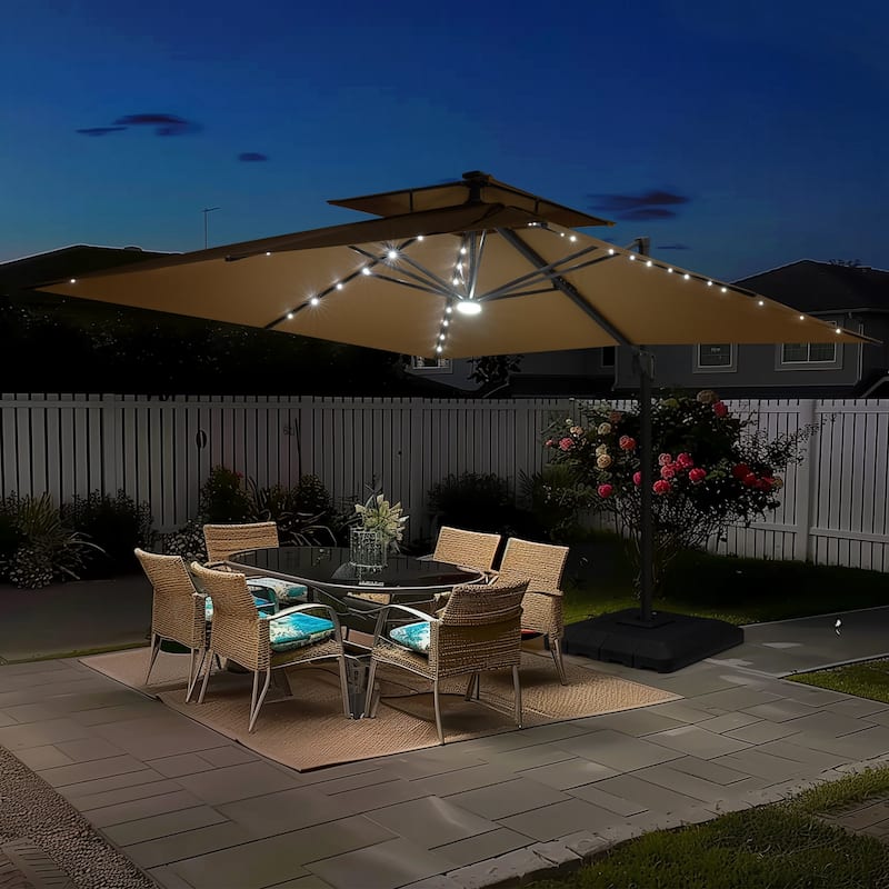 11FT Patio Cantilever Umbrella LED Lights Double Top Umbrella with 4-Piece Fillable Weighted Base