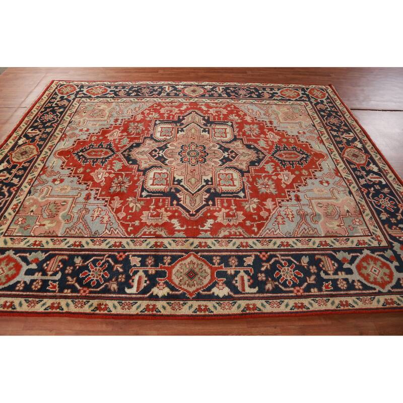 Hand Knotted Oriental 100% Wool Carpet Traditional Medallion Oranges & Rust Heriz (serapi) Area Rug - 9' 9'' X 8' 0''