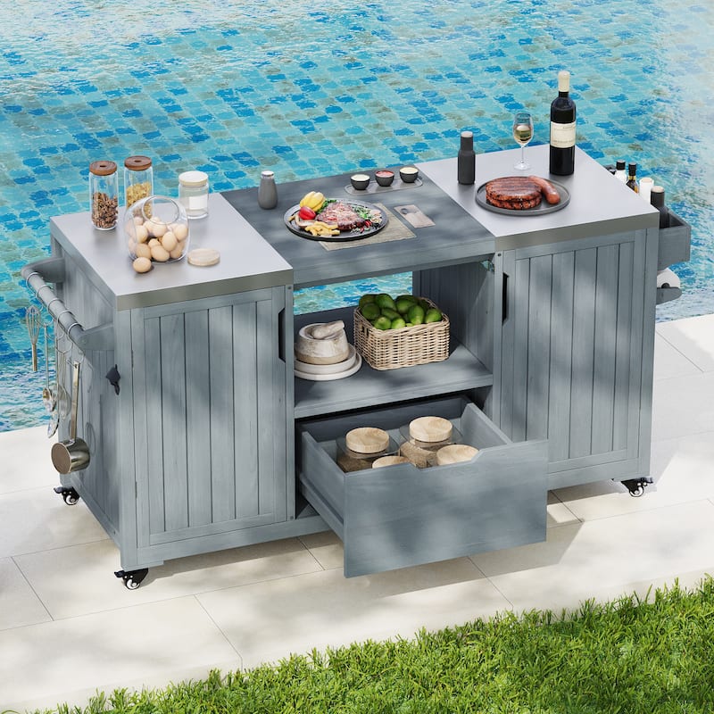 Outdoor Kitchen Island Grill Cart for Big Green Egg Grills with Stainless Steel Top and Storage Racks - Grey Blue