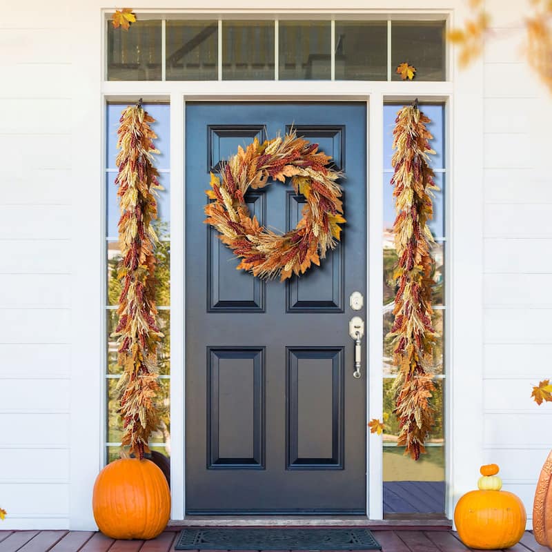 Glitzhome Fall Harvest Artificial Sorghum Garland Wreath Swag Floral Porch Decor - Set of 3-Garlands & Wreath