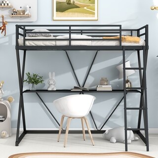 Twin Size Loft Bed with Desk and Ladder, X-Shaped Frame