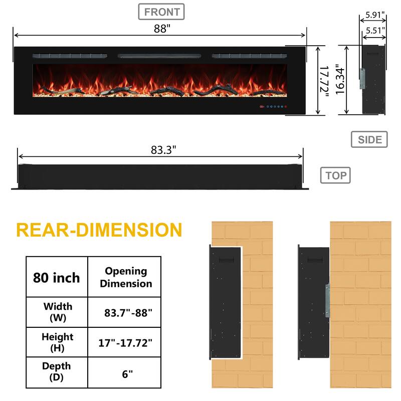 Electric Fireplace Inserts, Wall Mounted with 13 Flame Colors, Thermostat in Black