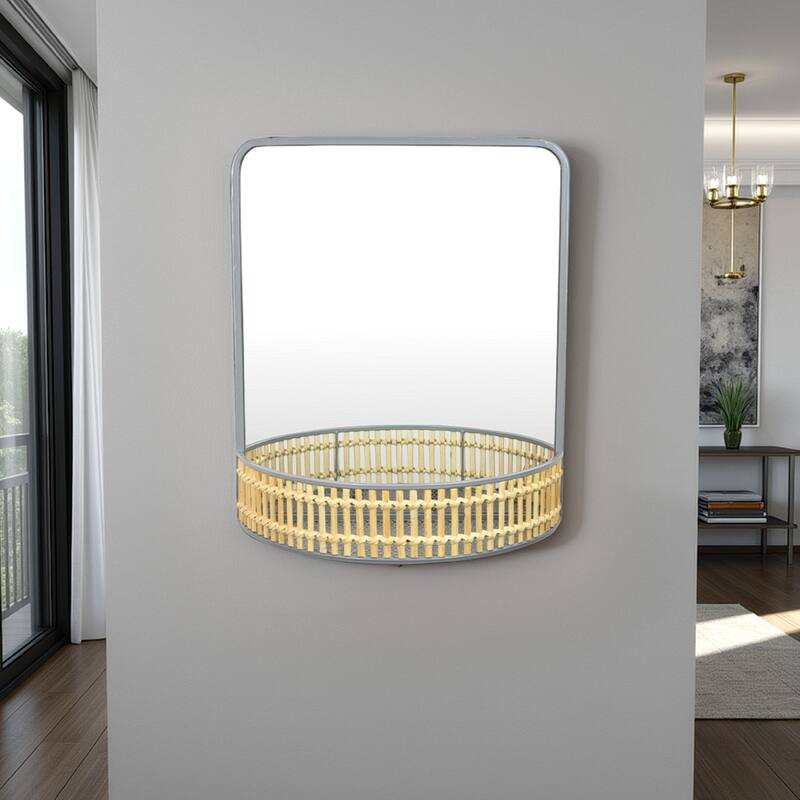 Elpis Wall Mirror Decor with Woven Shelf, 20 Inch Tall, Gray Metal