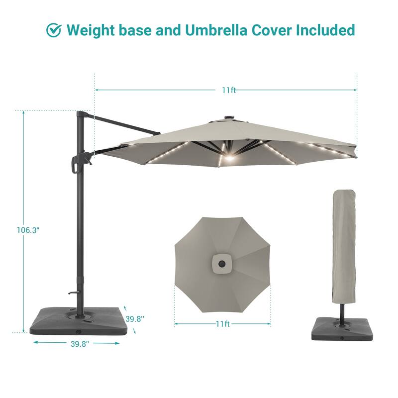 BONOSUKI 11FT LED Cantilever Patio Umbrella Angle Adjustment With Base
