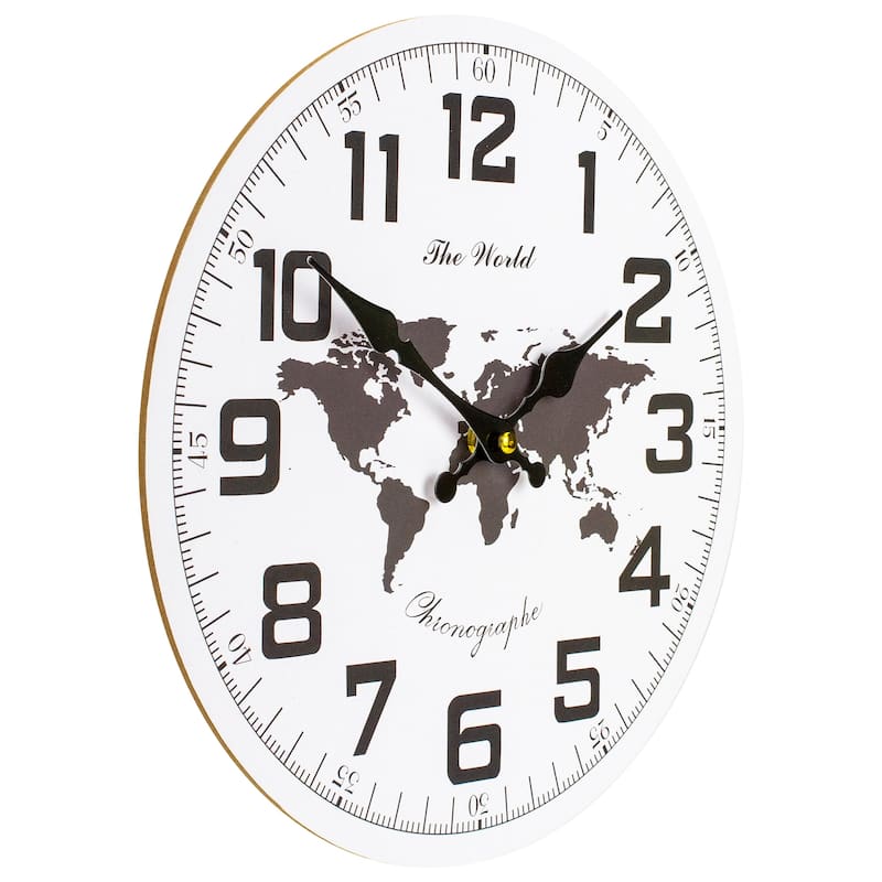 12" White Black B/O Round Wall Clock with Continent Design