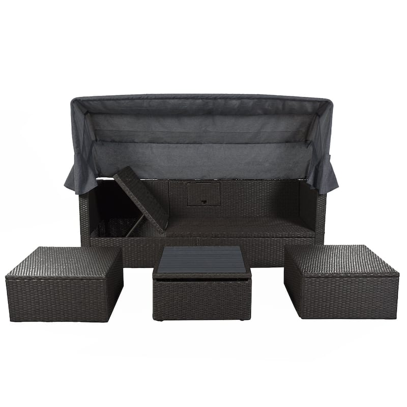 4-Piece Outdoor Wicker Sectional Patio Daybed with Canopy and Ottoman