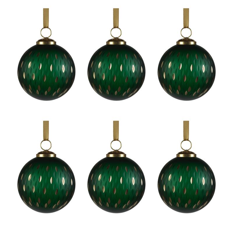 4" Green Frosted & Etched in Gold Glass Ornament 3", Set of 6