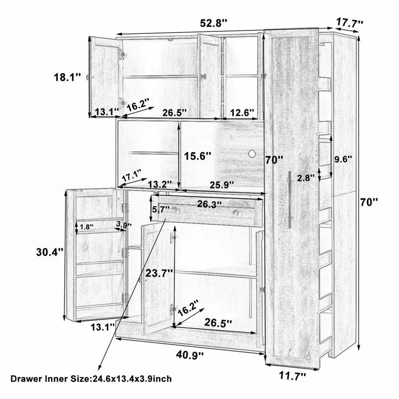 Large Kitchen Pantry Storage Cabinet Cupboard, Buffet with Hutch and Pull-Out Side Cabinet for Enhanced Kitchen Organization