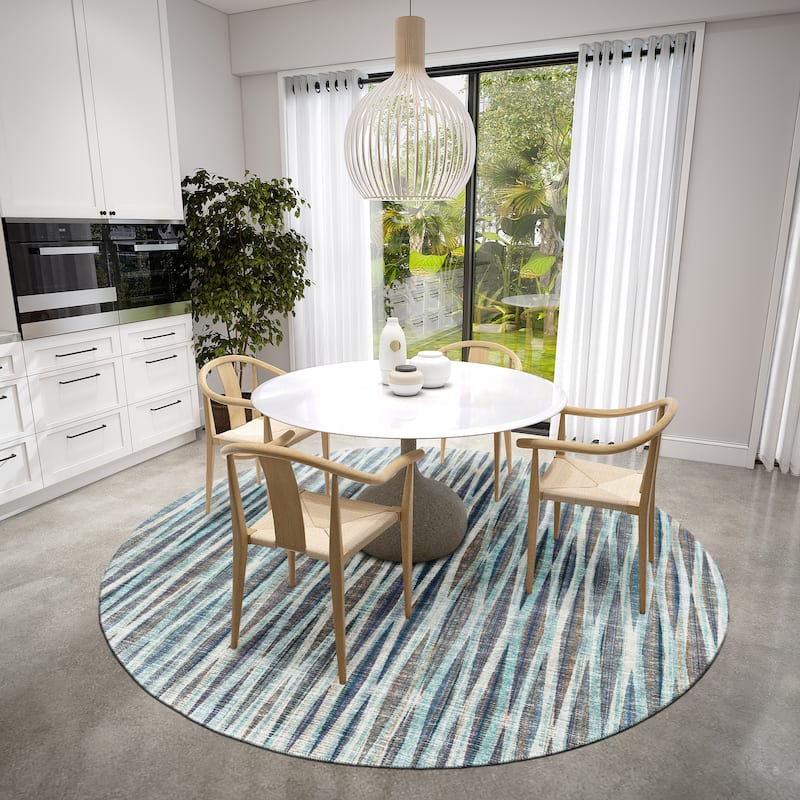 Indoor/Outdoor Waverly Modern Stripes Washable Rug - 8' x 8' Round - Ocean