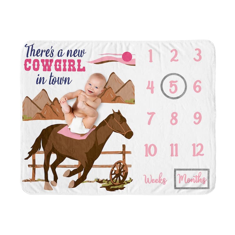 Sweet Jojo Designs Western Cowgirl Girl Baby Monthly Milestone Blanket Wild West Vintage Country Animal Southwest Pink Blue Tan