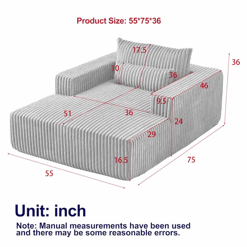 Roomfitters 62.5" Modern Corduroy Lounge Chair with Removable Ottoman, Stylish Sleeper Sofa with Pillows, for Living Room
