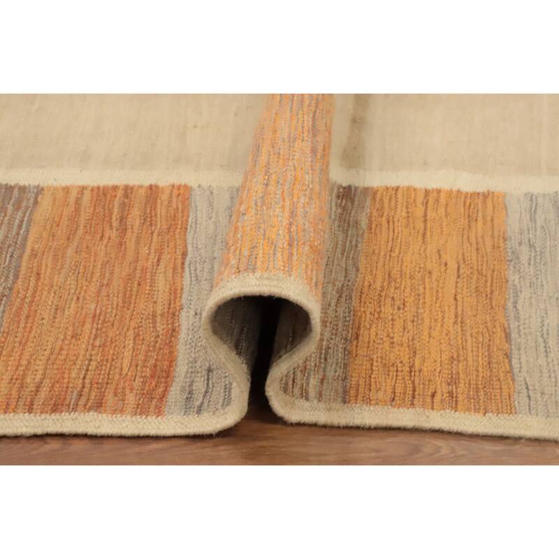 Hand Woven Oriental 100% Wool Carpet Southwestern Modern Beige & Ivories Kilim Area Rug - 12' 11'' X 9' 7''