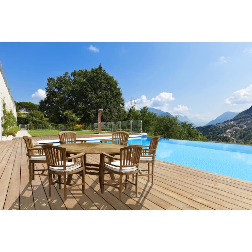 Chic Teak 7 Piece Teak Wood Sun Table/Chair Set With Cushions
