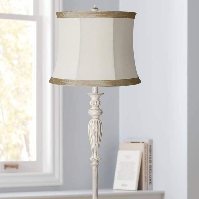 Vintage Floor Lamp 60" Tall Antique White Ivory Linen Drum Shade - 16" x 60"