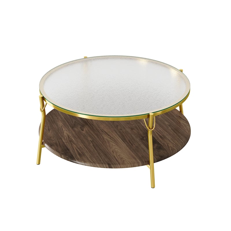 29.9" Modern Round Walnut 2-Tier Coffee Table with Glass Top and Gold Base