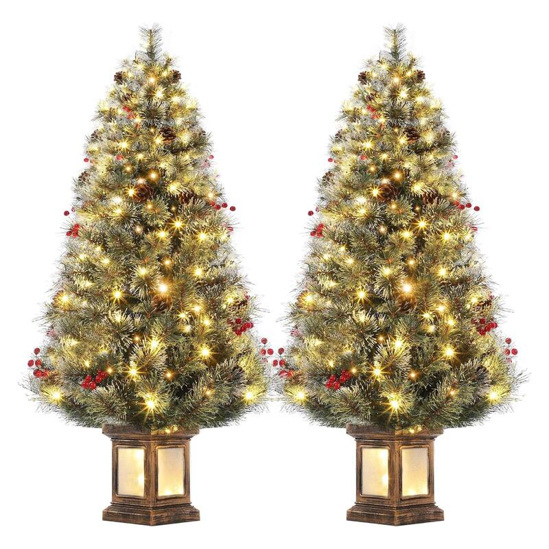4.5 Ft Artificial Christmas Tree with 200 Warm White LED Lights and Red Berries Potted Base Holiday Xmas Tree