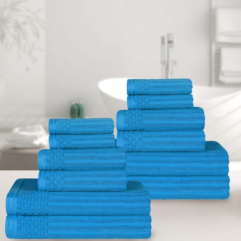 Superior Cotton 12-Piece Solid and Checkered Border Towel Set - Azure