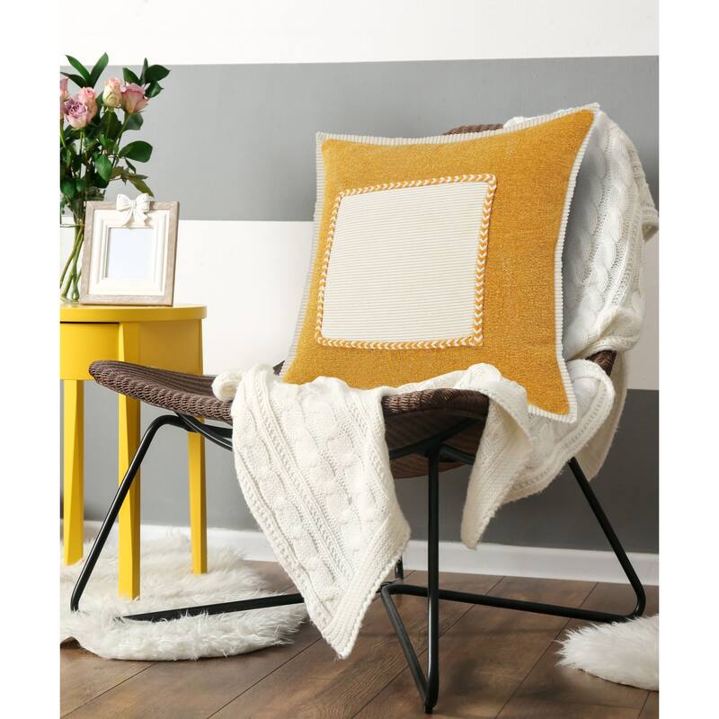 20" Yellow and Cream Framed Square Throw Pillow