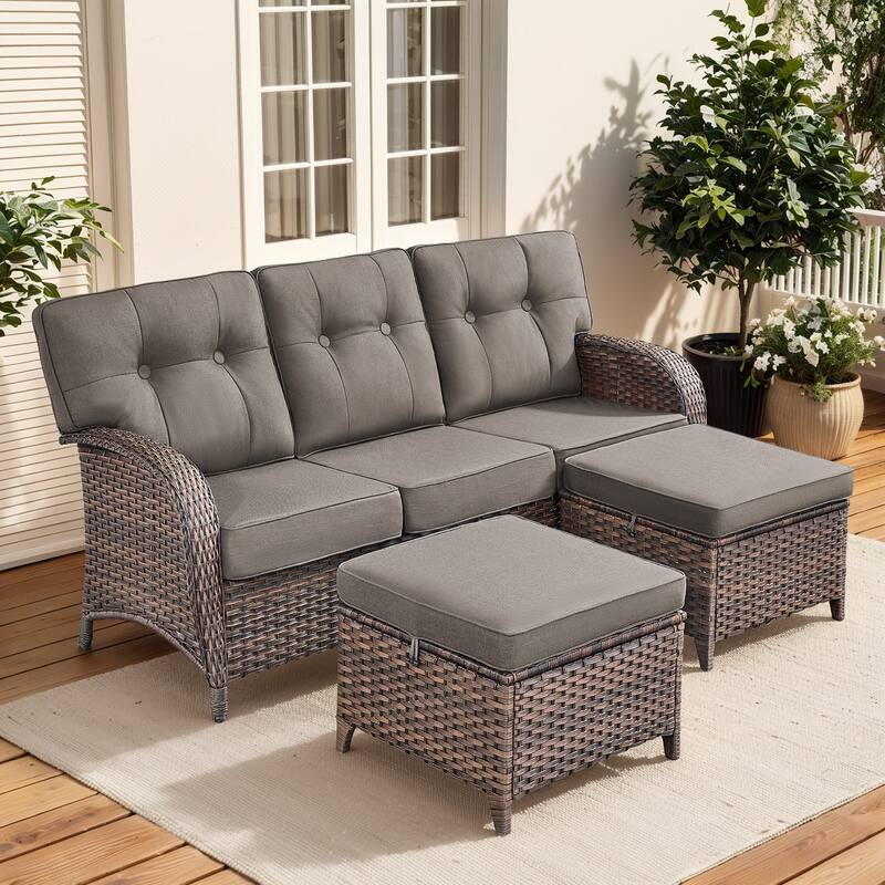 Gymojoy 3-Piece Outdoor Wicker Patio Furniture Set, 5" Thick Cushioned Rattan Sofa with Ottomans - Brown Wicker / Grey Cusion - 3-Piece