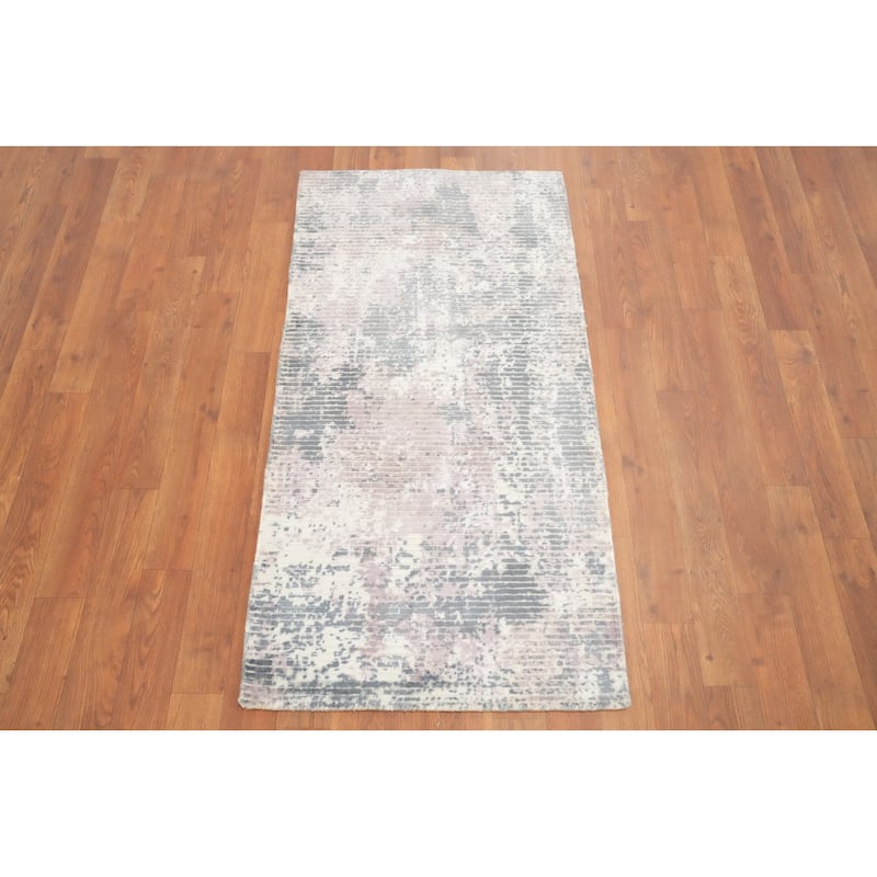 Hand Knotted Oriental Viscose Silk Carpet Modern Abstract Greys & Charcoal Abstract Area Rug - 4' 0'' X 2' 0''