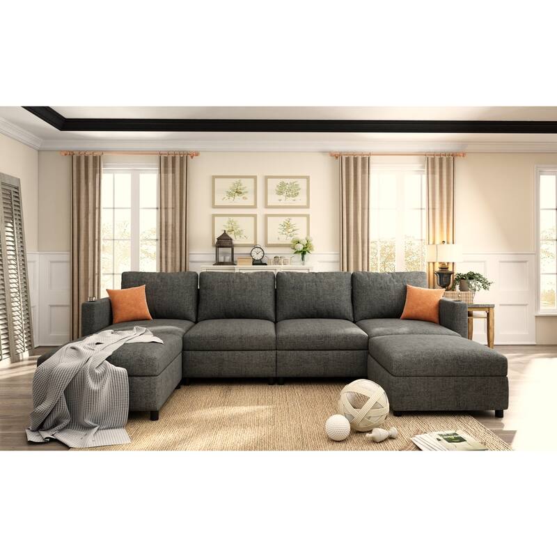 123" U-Shaped Modular 4 Seater Sectional Sofa with Storage Ottomans, Easy Assembly and Transport