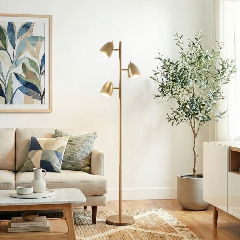 Brightech Jacob 64 in. Antique Brass Mid-Century Modern 3-Light Adjustable LED Floor Lamp with 3 Brass Metal Cone Shades
